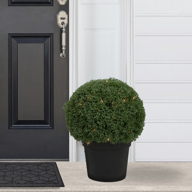 Pre-lit Artificial Boxwood Ball Topiary In Round Pot， Clear Lights