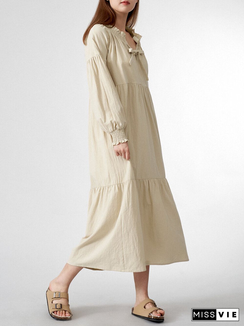 Solid Shirred Long Sleeve Tie Front V-neck Loose Dress