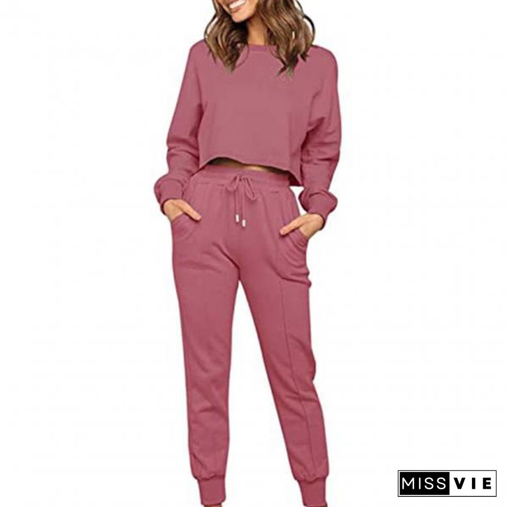 Useful Tracksuits Solid Color Quick Drying Two Piece Outfit Long Sleeve Crewneck With Pants