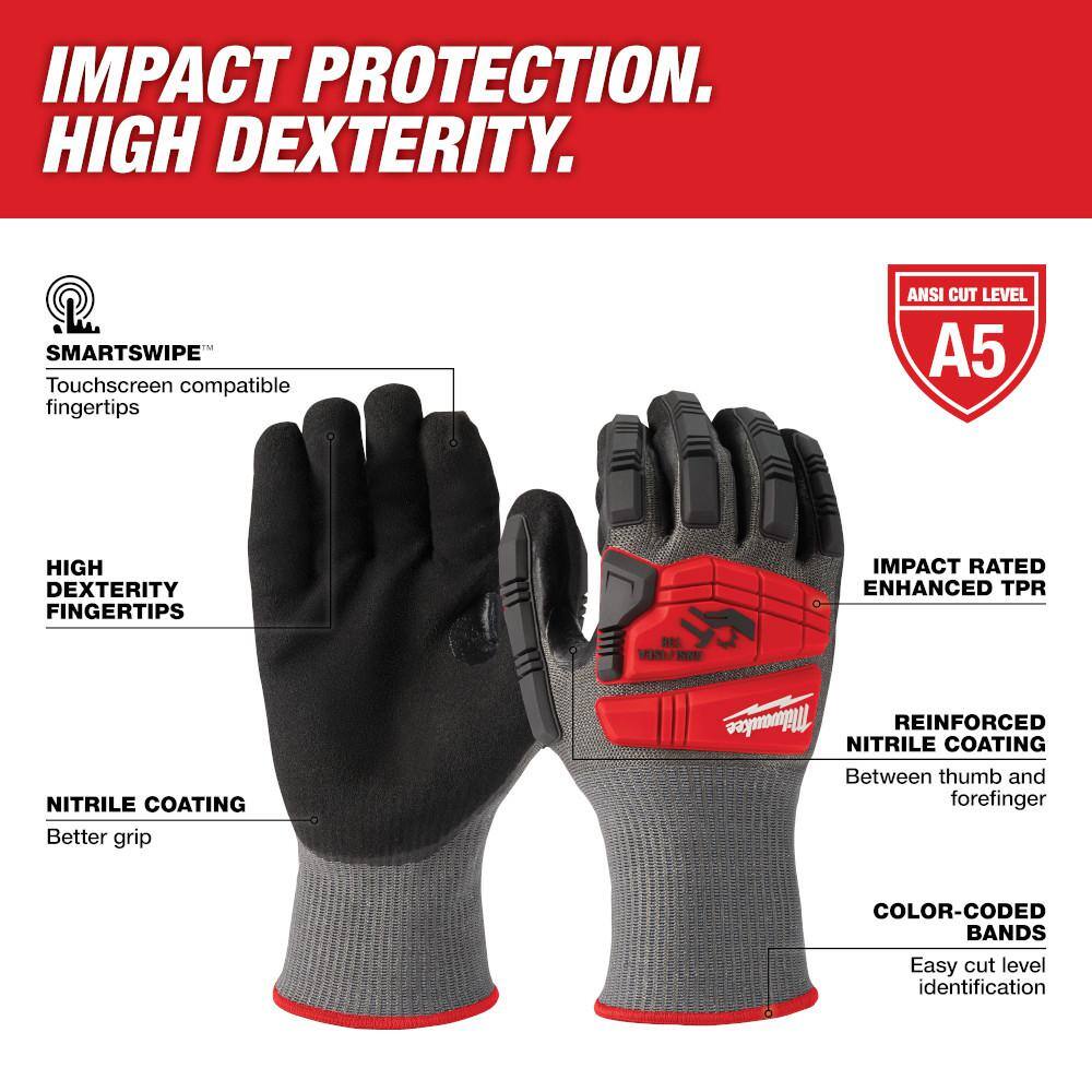 MW Large Red Nitrile Level 5 Cut Resistant Impact Dipped Work Gloves 48-22-8982