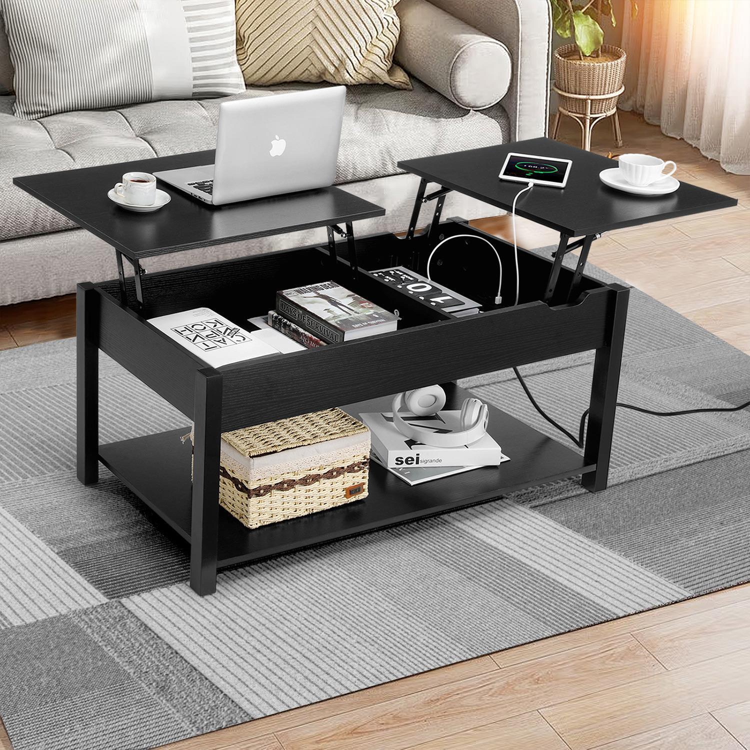 42.5'' Lift-Top Coffee Table With Hidden Storage And Side Drawer Living Room End Table USB (Black)