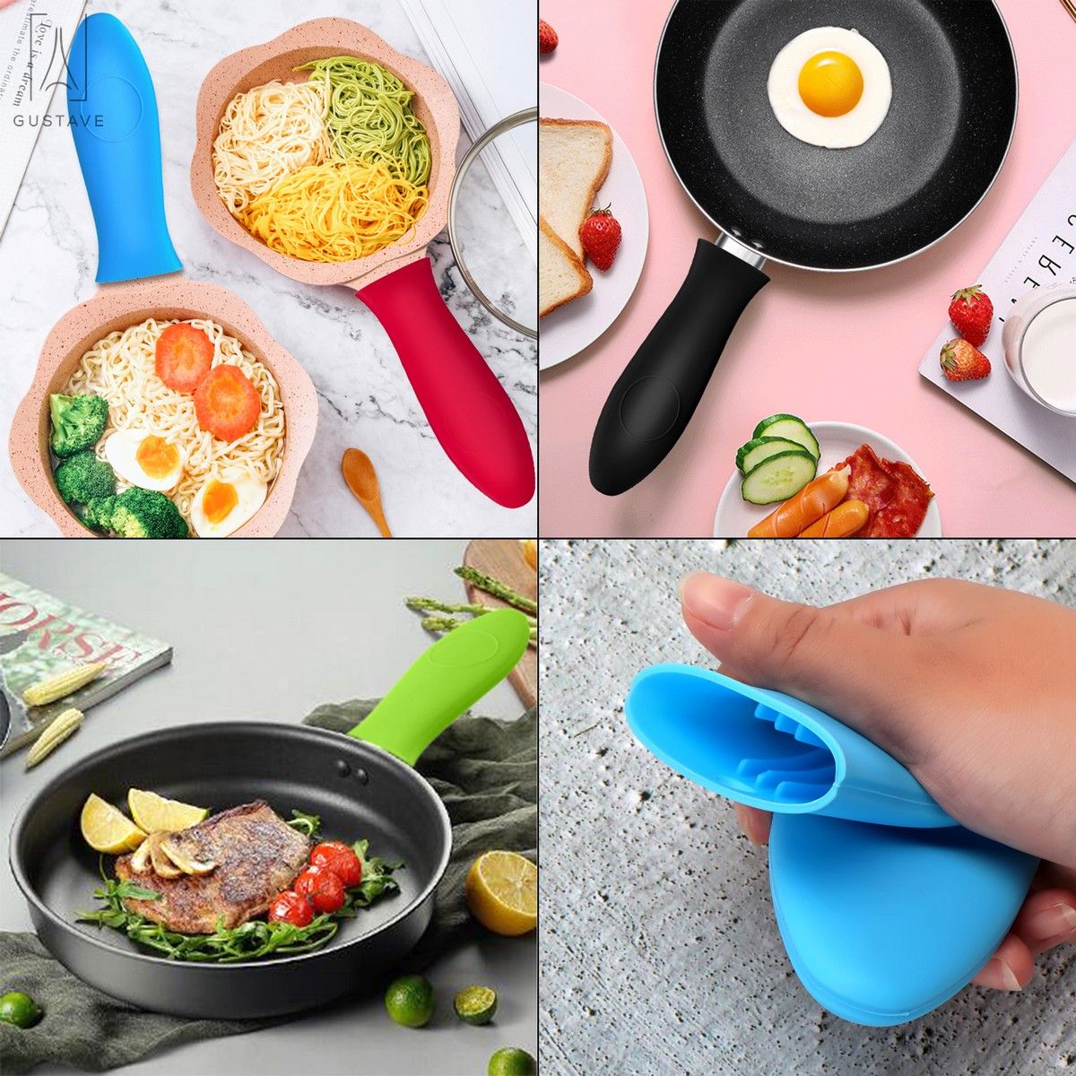 Gustave 4 Pack Silicone Hot Handle Holder Pan Handle Sleeve Pot Holders， Heat Resistant Cast Iron Skillet Handle Covers for Kitchen， BBQ and Baking Cookware