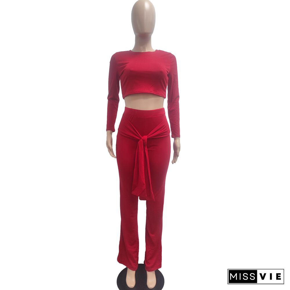 Solid Long Sleeve Crop Top Bandage Straight Pants Set