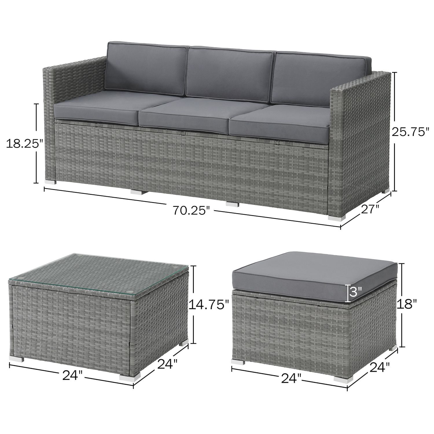 Lavish Home Faux Rattan Patio Sofa， Ottoman， and End Table 3-piece Set