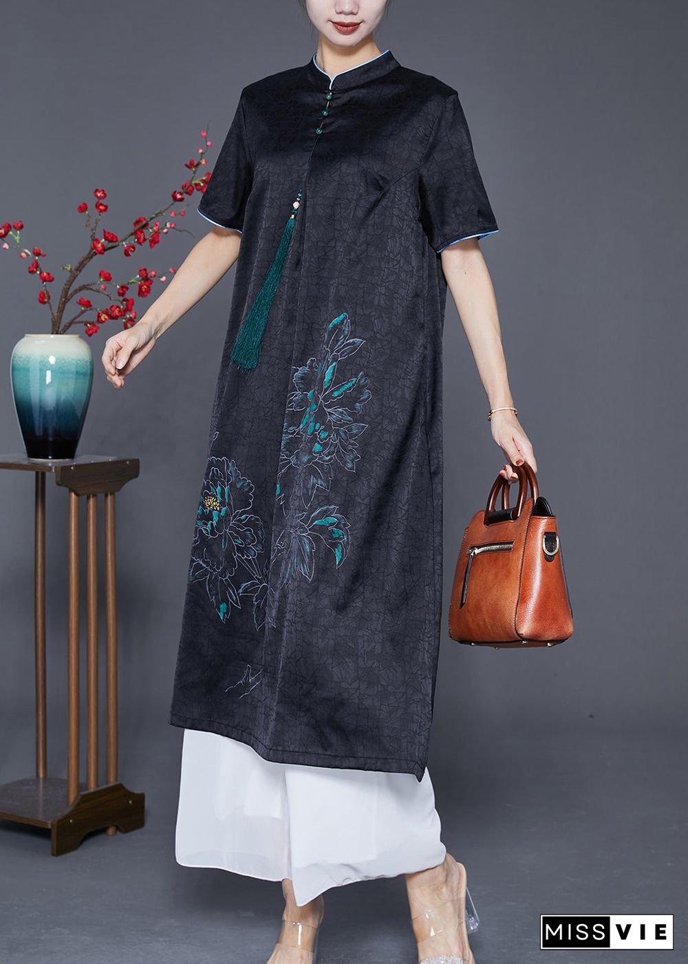 Slim Fit Black Stand Collar Print Tassel Silk Maxi Dress Summer