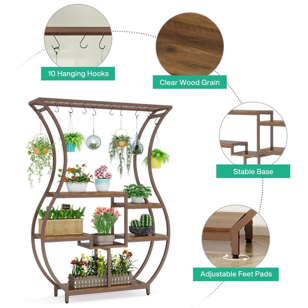 TRIBESIGNS WAY TO ORIGIN Eileen 71 in. Tall Brown Wooden Indoor Plant Stand 6-Tier Bonsai Flower Rack with 10 Hanging Hooks HD-JW0710-HYF