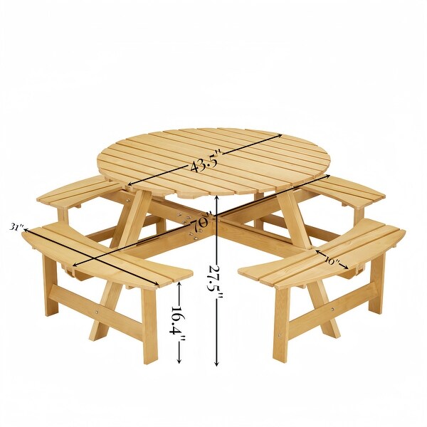 Outdoor Round Wood Picnic Table with 4 BuiltIn Benches，Umbrella Hole