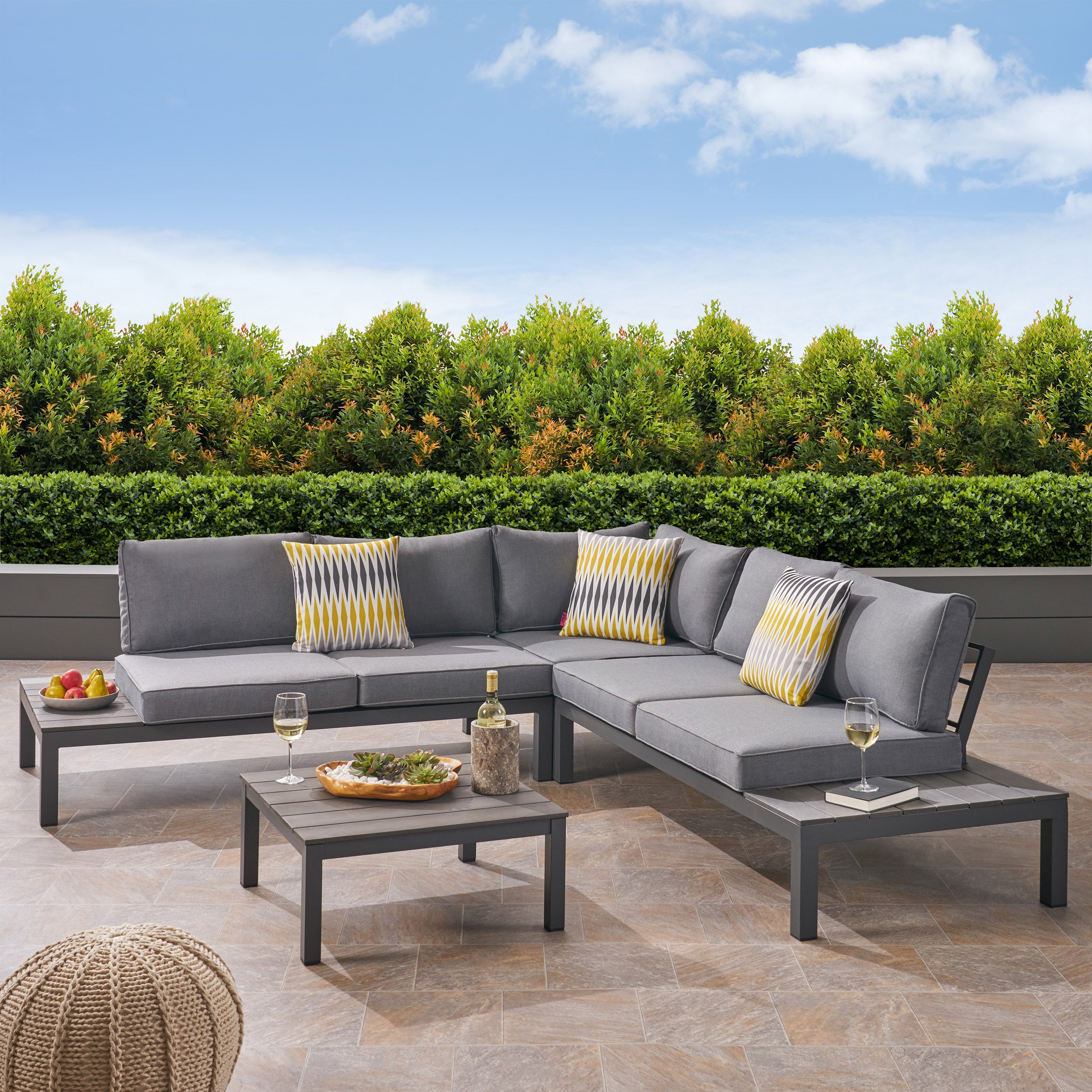 Blessen Outdoor Aluminum and Wood V-Shaped Sofa Set with Cushions