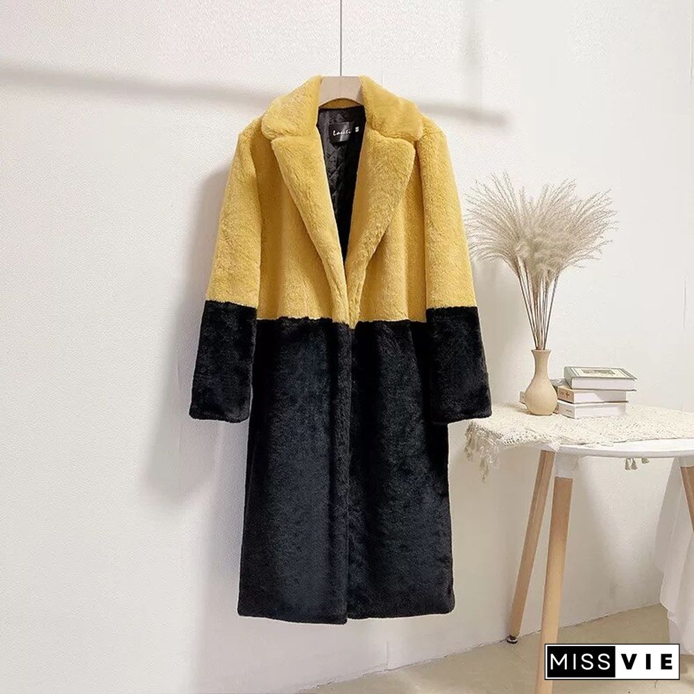 Winter Plus Size Patchwork Faux Fur Long Coat Women Elegant Turn Down Collar Thick Oversize Outwears Female Furry Jacket 5XL