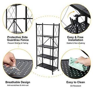 ZACHVO Black 5-Tier Boltless Welded Folding Metal Garage Storage Shelving (28 in. W x 64 in. H x 13.43 in. D) HDB09CCM1FT6DM