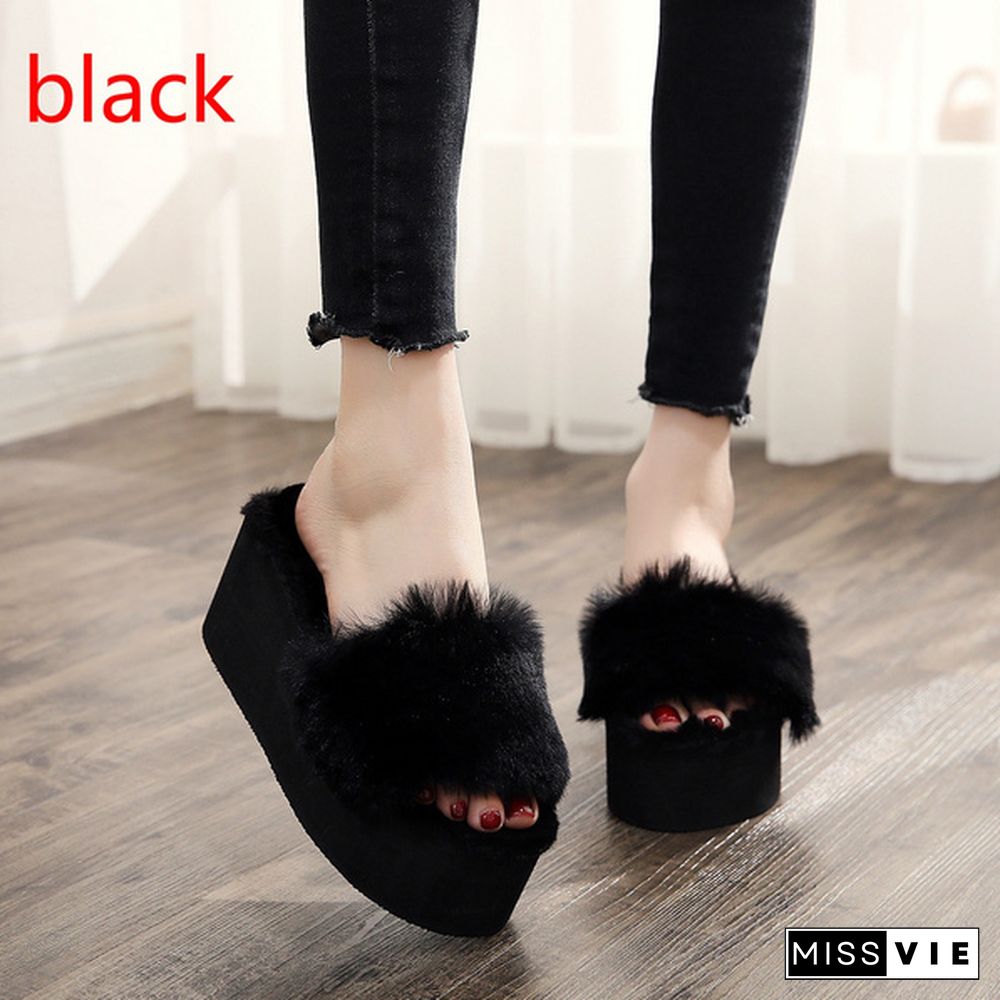 Home Slippers 7 Cm High Heel Women's Plush Shoes Autumn Winter Home Shoes Thick Heel Non-Slip Plush Slippers