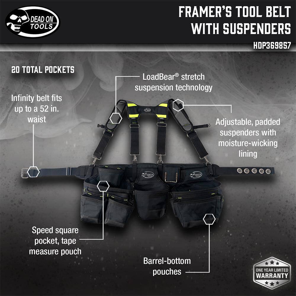 DEAD ON TOOLS Professional Framers 3 Pouch Tool Storage Suspension Rig with LoadBear Suspenders in Black HDP369857