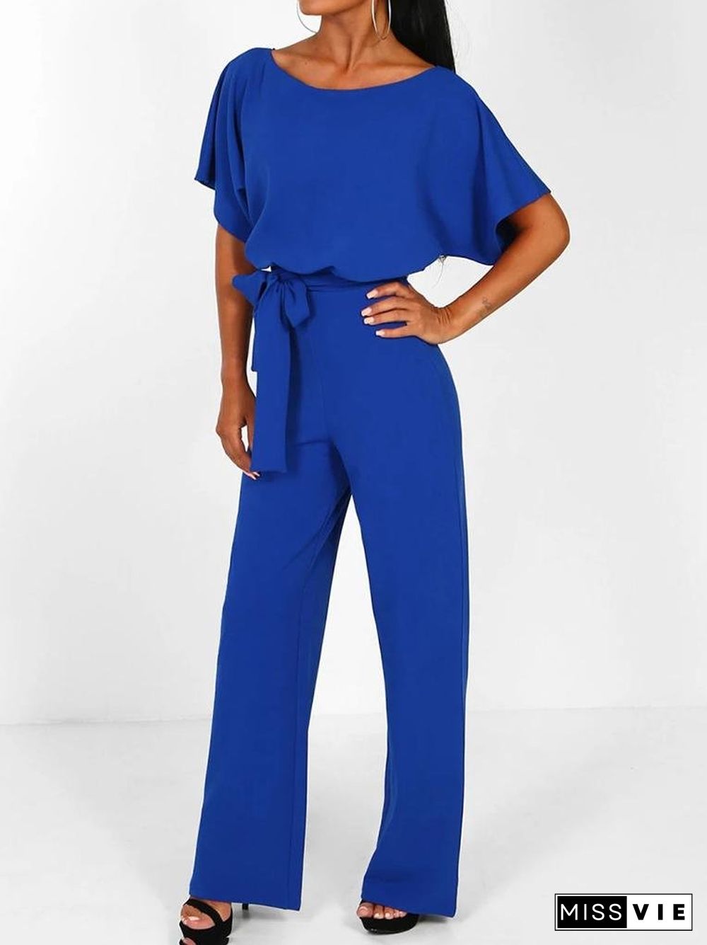 Solid Lace-up Short-sleeved Women's Jumpsuit