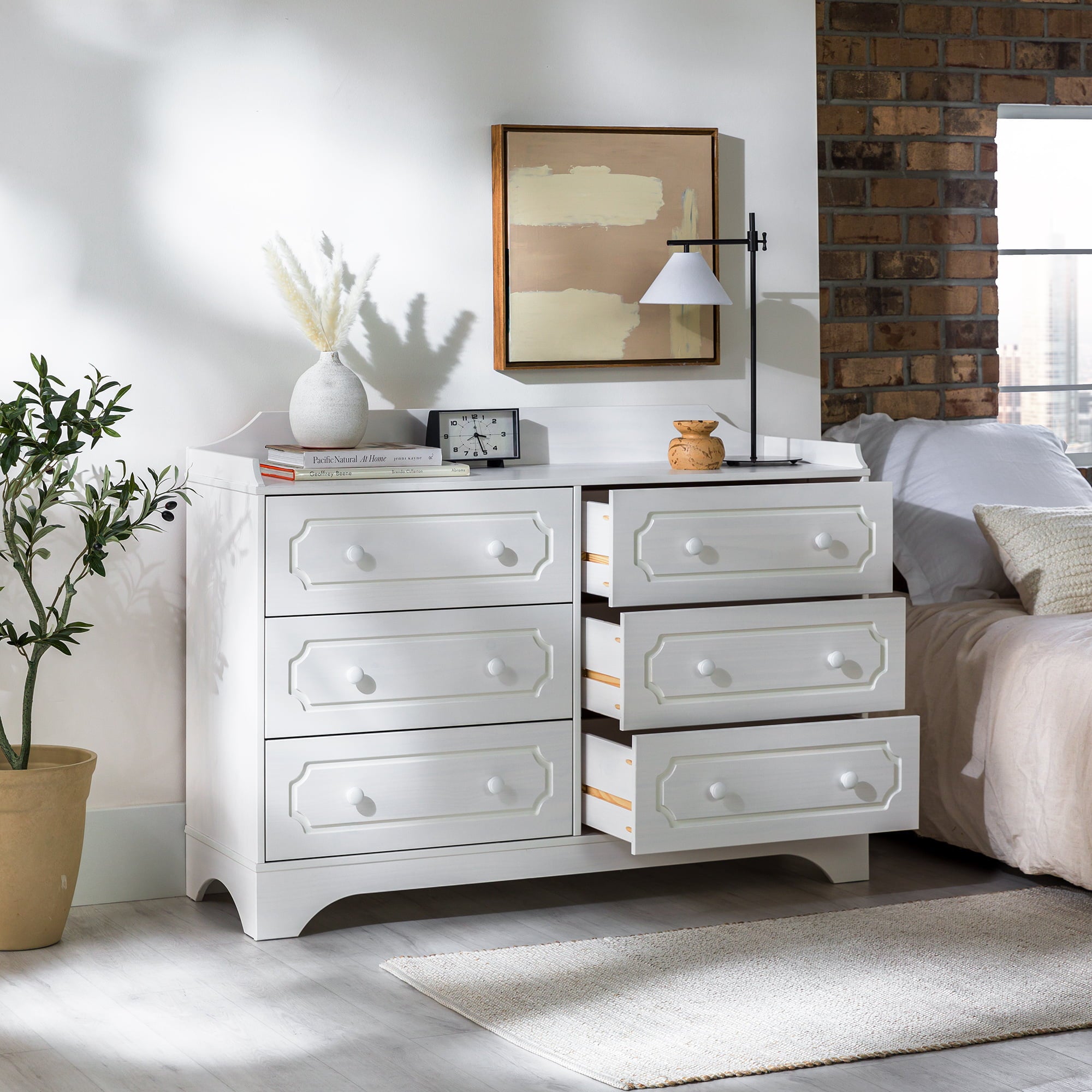 Manor Park Classic Gallery-Top Beveled 6-Drawer Dresser, White