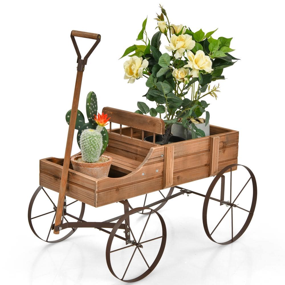 HONEY JOY Wooden Garden Flower Planter Wagon Wheel Plant Bed Decorative Garden Planter for Backyard Garden Brown TOPB004892