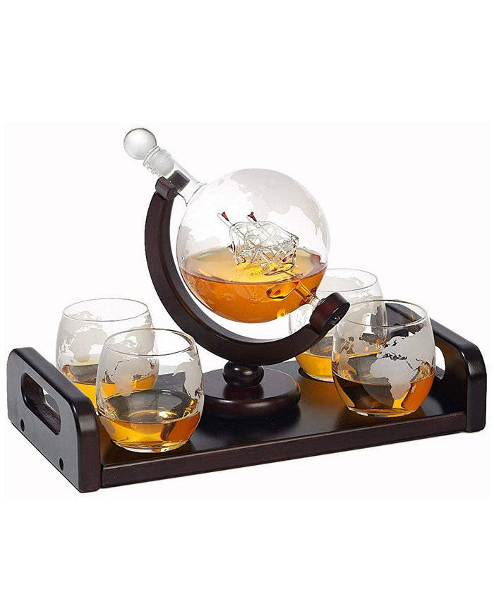 Bezrat Globe Whisky Decanter Gift Set with Glasses and Tray 6 Pieces