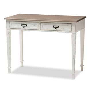 Baxton Studio 39.5 in. WhiteLight Brown Rectangular 2 -Drawer Writing Desk with Distressed Finish 28862-6026-HD