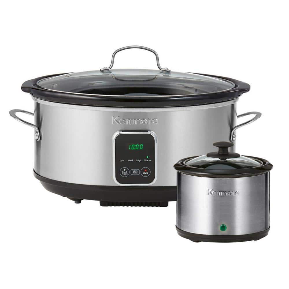 KENMORE 7 qt. Black and Stainless Steel Programmable Slow Cooker with Dipper Sauce-Warmer KKSC7QSS