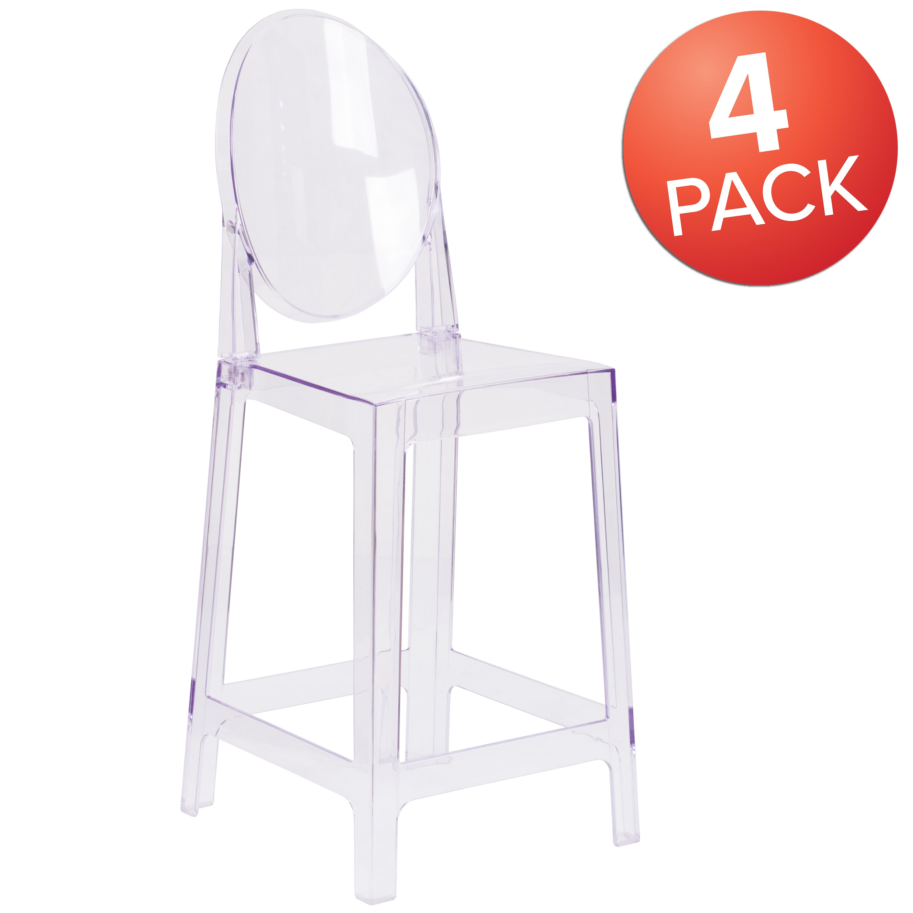 BizChair 4 Pack Ghost Counter Stool with Oval Back in Transparent Crystal