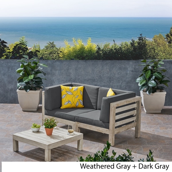 Oana Outdoor 2Seater Acacia Wood Sectional Loveseat Set with Coffee Table by Christopher Knight Home