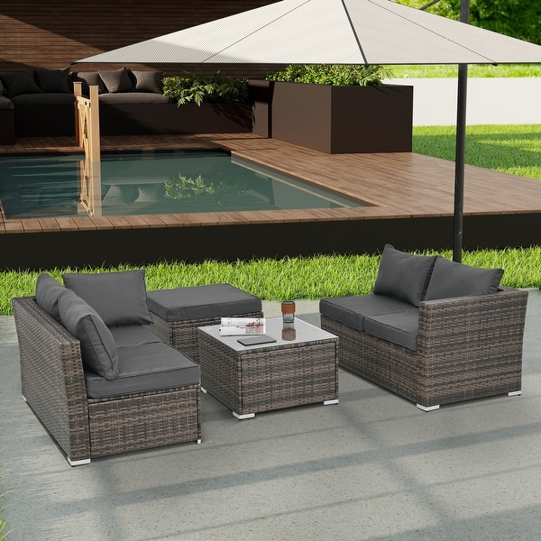 4Piece Patio Conversation Wicker Furniture Set，Sectional Sofa Set with Tempered Glass Coffee Table，Sofa Chair and Ottoman Sets