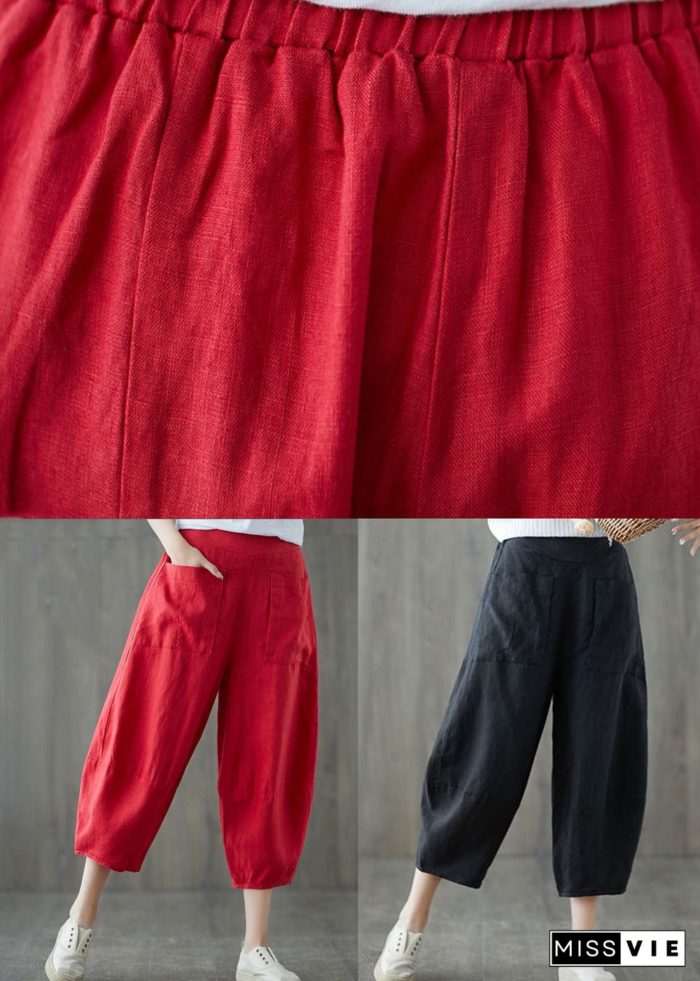 Red Pockets Patchwork Linen Crop Pants Elastic Waist Summer