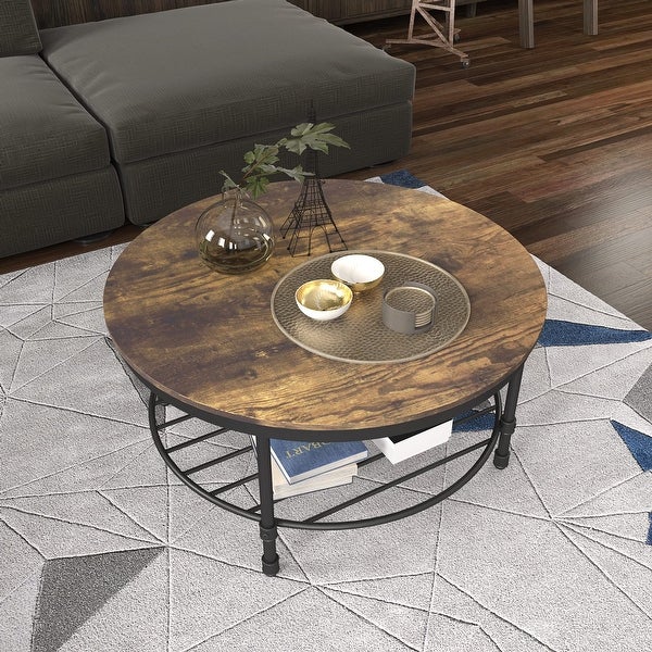 2-Tier Round Coffee Table， Industrial Coffee Table for Living Room， Wooden Tabletop Rustic Steel Accent Table