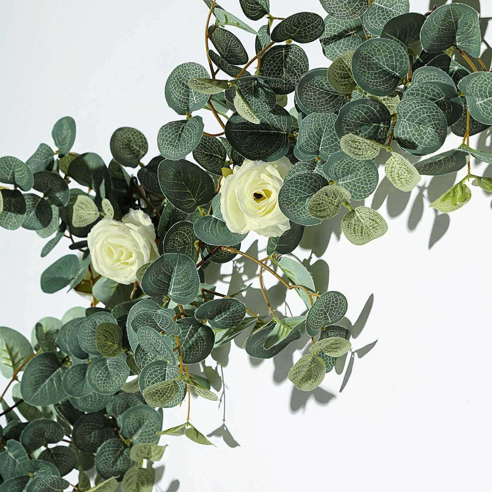 Green/Ivory Artificial Eucalyptus Leaf, Rose Flower Garland Vine 6ft