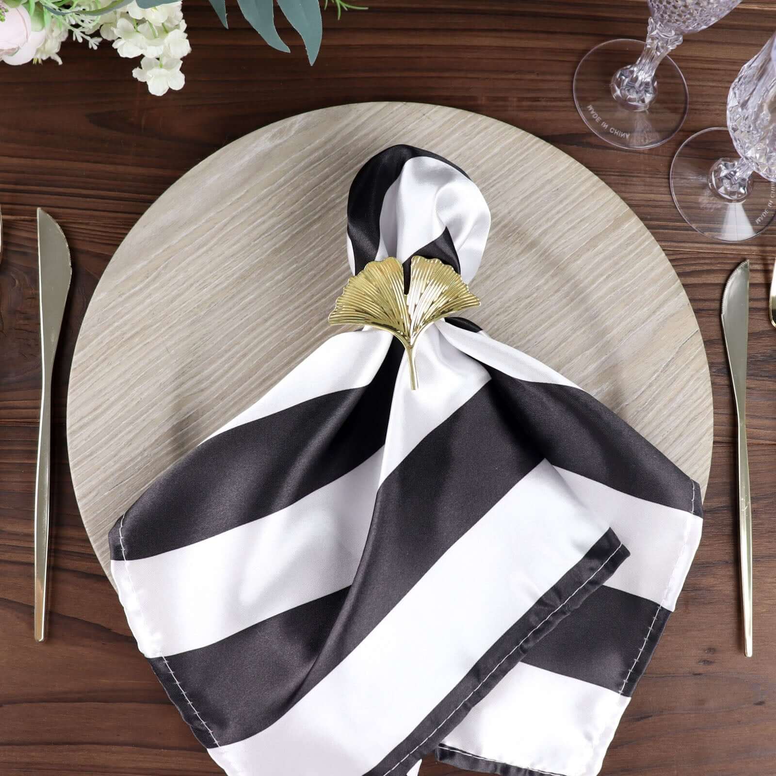 5 Pack Black and White Striped Satin Cloth Dinner Napkins 20