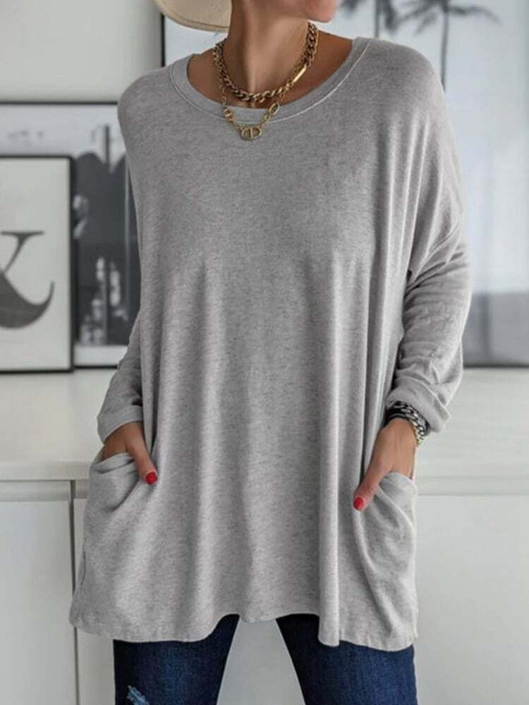 Solid Pocket Round Neck Long Sleeve T-Shirt