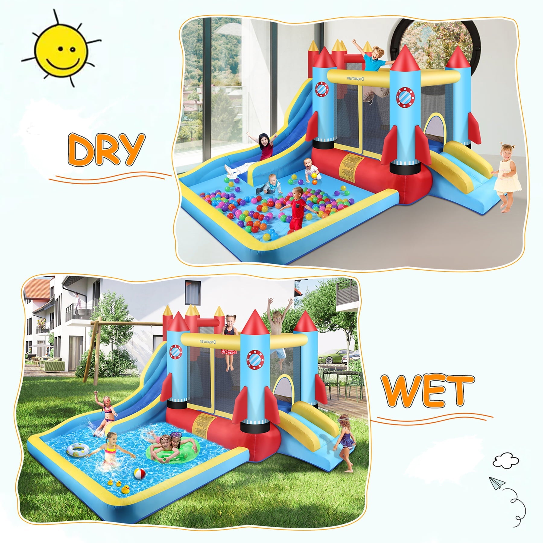 4-in-1 Children's Bounce House Giant Inflatable Slide Bouncy Castle with Large Pool, Climbing Wall, Bouncing Area,2X Long Slide PVC Inflatable Bouncers Ages 3-12 Years