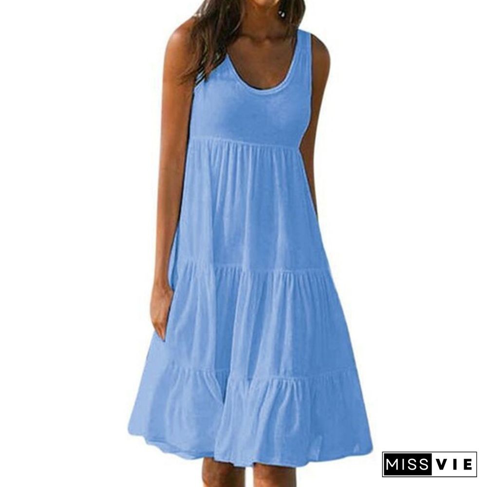 Ladies Summer Cool Sleeveless Round Neck Stitching Big Swing Beach Dress Long Skirt Simple And Fashionable