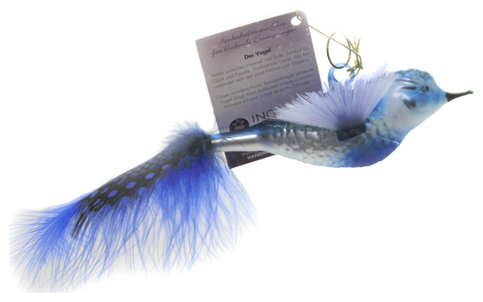 Inge Glas Blue Bilbo Bird Feather Tail 10004S020   Christmas Ornaments   by Story Book Kids Inc  Houzz