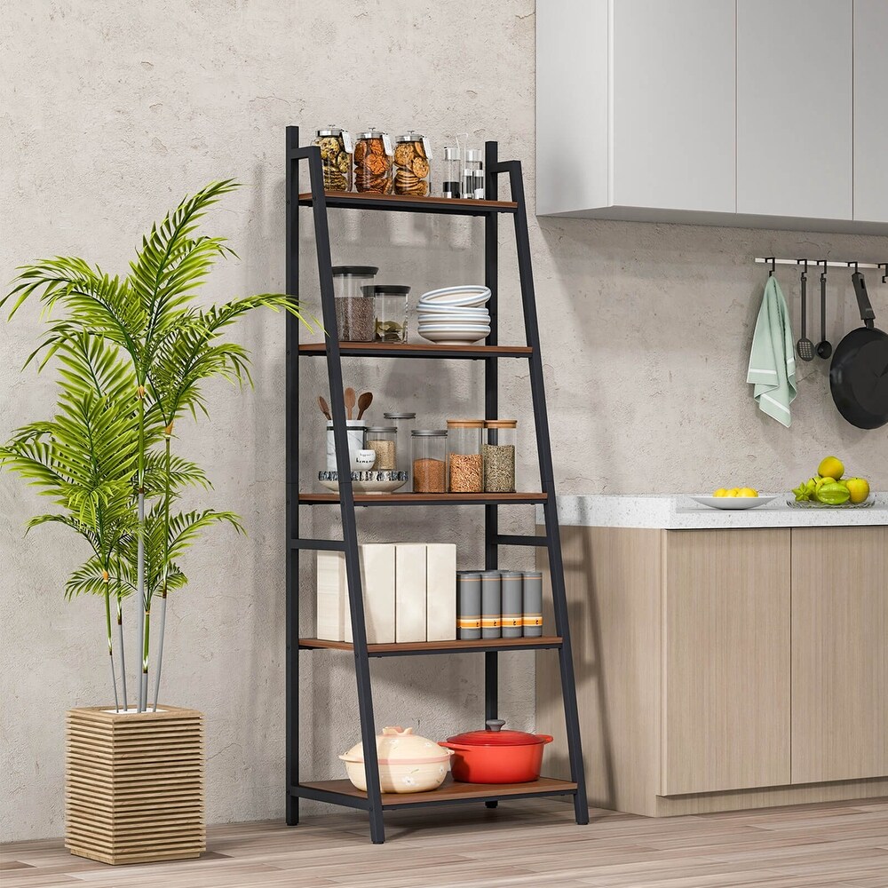 Costway Industrial Ladder Shelf Rustic 5 Tier Leaning Bookshelf Wood   See Details