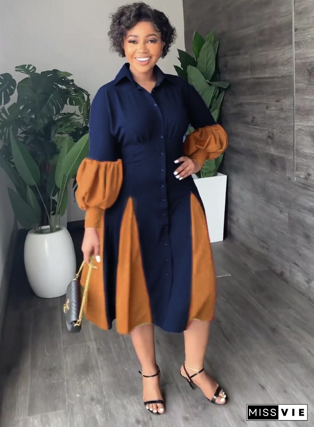 Color Matching Long Sleeve A Line Midi Shirt Dresses