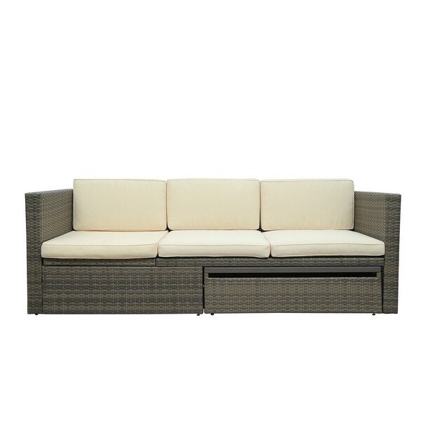 5Piece Patio Wicker Sofa with Adustable Backrest，Cushions，Ottomans and Lift Top Coffee Table