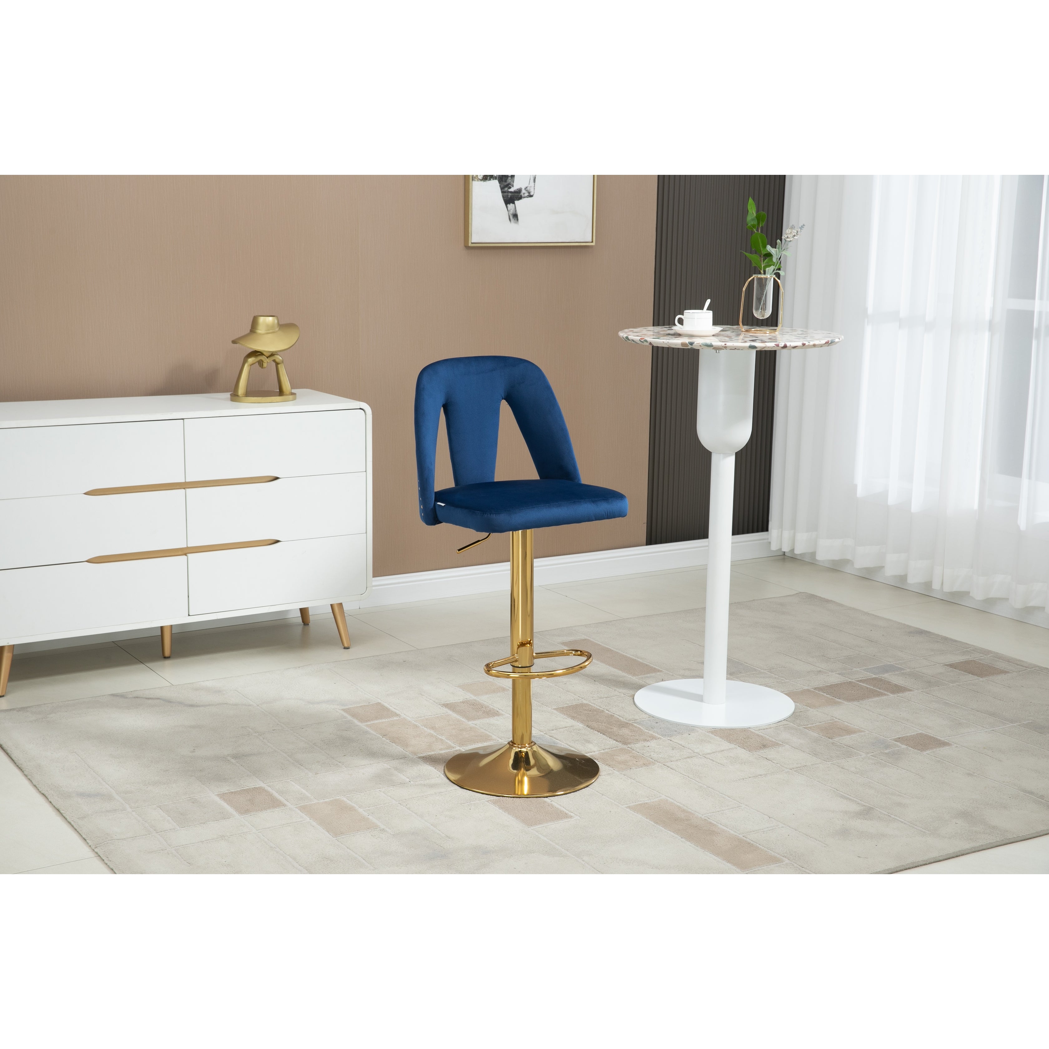 Bar Stools with Footrest and Base Swivel Height Adjustable Mechanical Lifting Velvet， Golden Leg，Easy Assemble