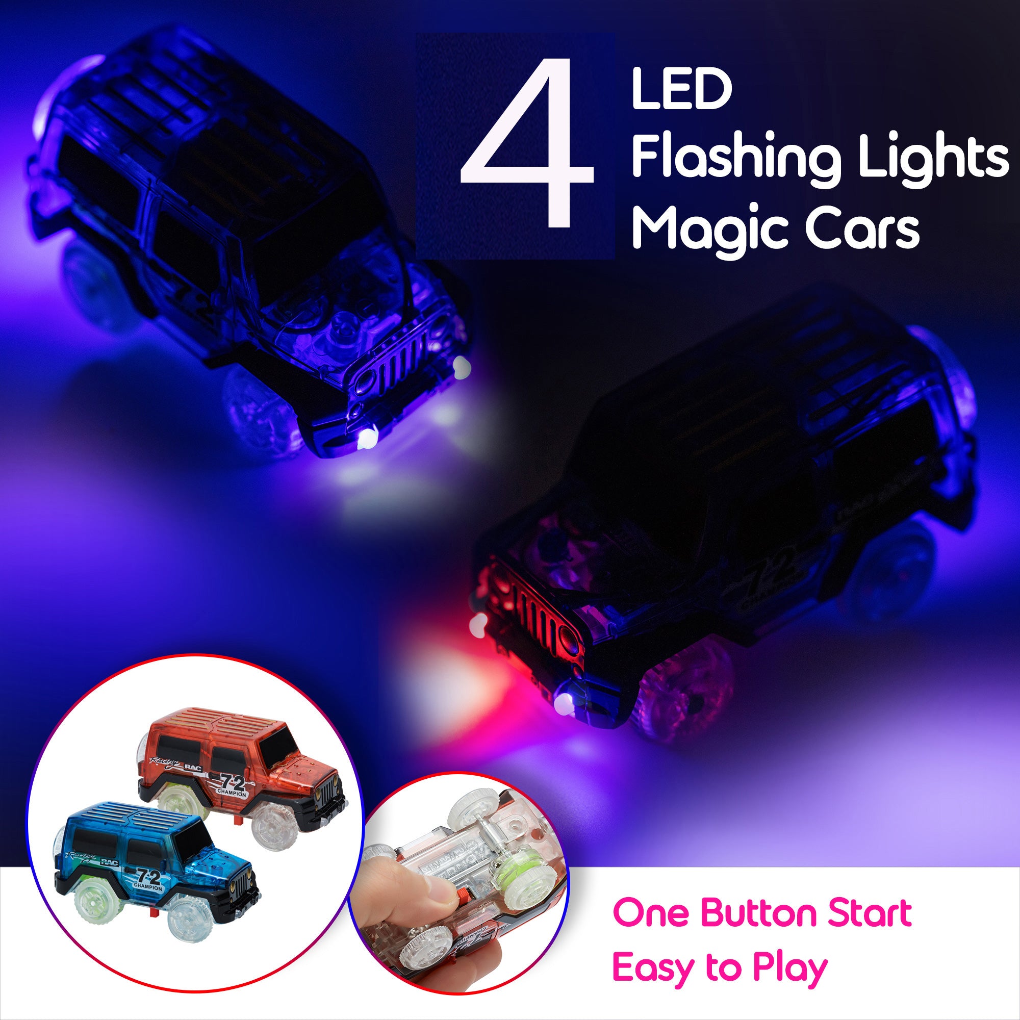 4 Pack Magic Toy Tracks Cars Light up Cars for Tracks Electronics Car Toys with Flashing Lights Toy Cars for Kid Tracks Parts Car