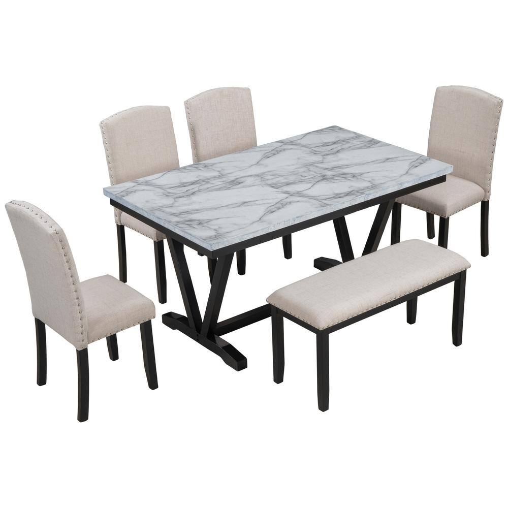 URTR 6-Piece Kitchen Table Set Wooden Marbled Veneers Dining Table with V-Shaped Legs and Cushioned Bench Seats 6 T-01241-K