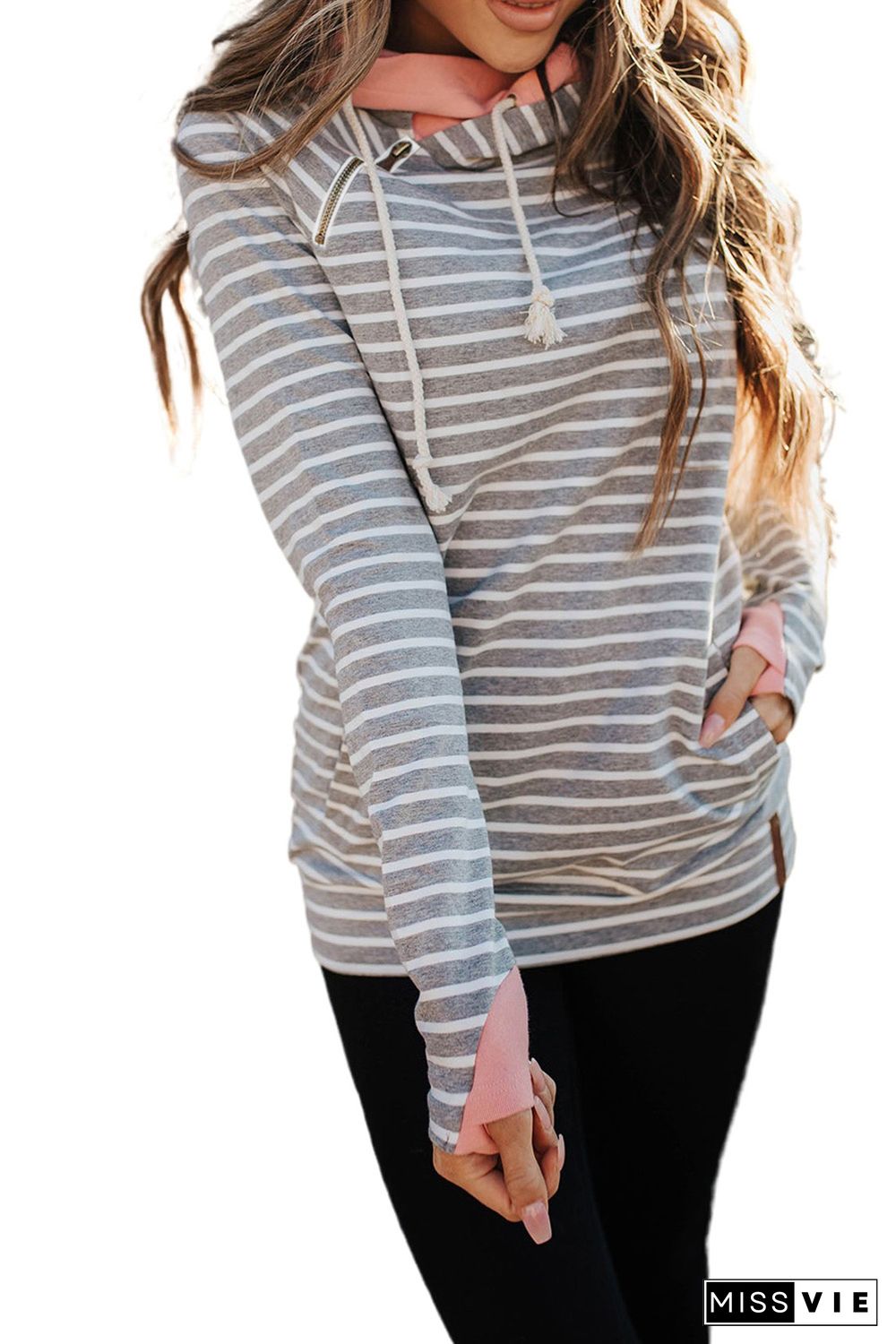 Striped Cowl Neck Hoodie with Pocket