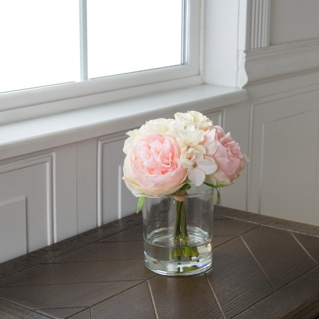 Rose And Hydrangea Floral Arrangement Pink And Cream Artificial Flowers In Decorative Clear Glass Round Vase With Faux Water By Pure Garden