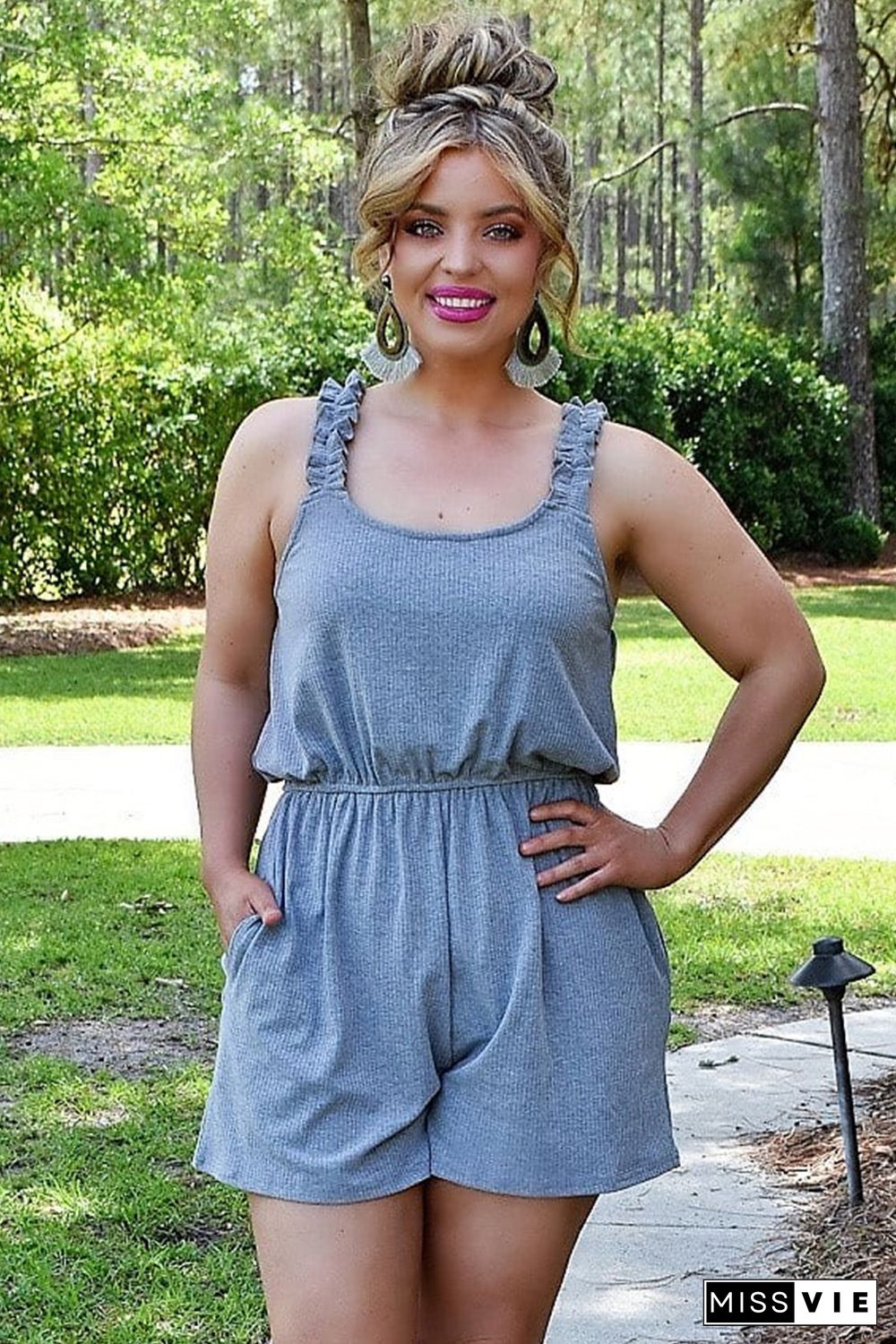 Gray Knit Frill Sleeveless U-Neck Romper