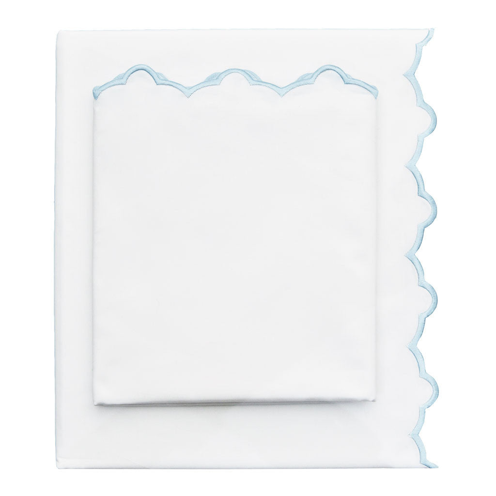 Light Blue Scalloped Embroidered Flat Sheet