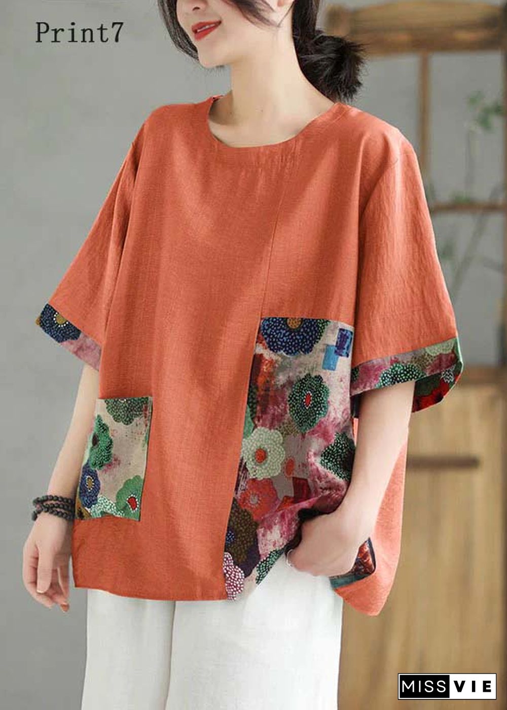 Women Print6  O Neck Print Patchwork Linen T Shirt Top Summer