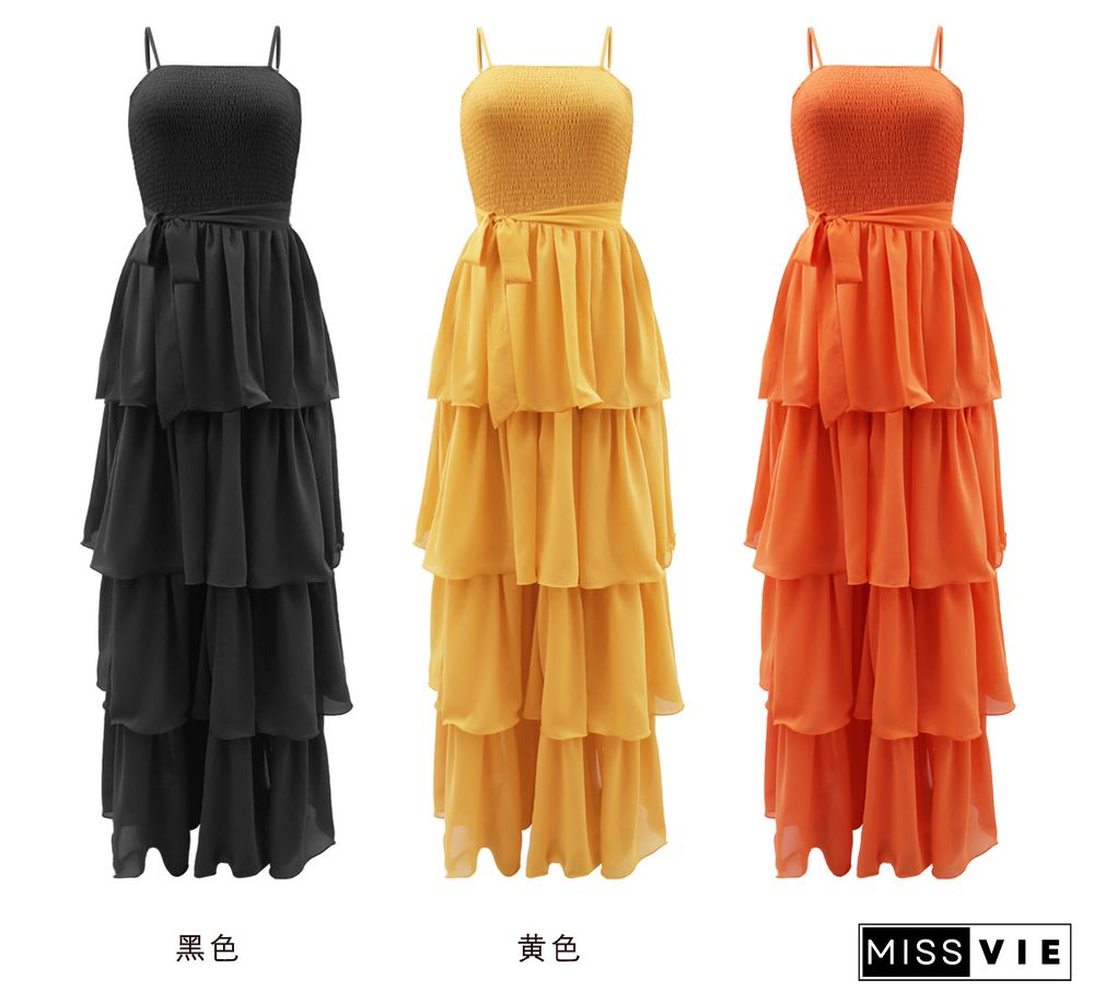 Pre-sale Solid Color Chiffon Layer Ruffle Maxi Dresses