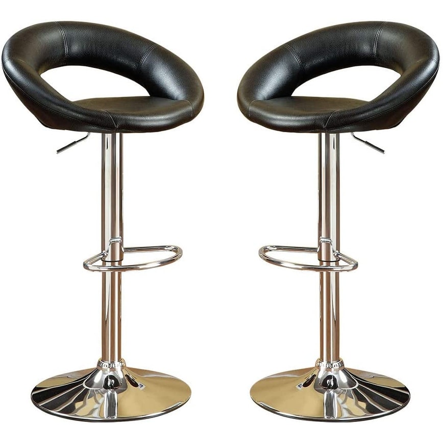 Black Faux Leather Stool Adjustable Height Chairs Set of 2 Chair Swivel Design Chrome Base PVC Dining Furniture