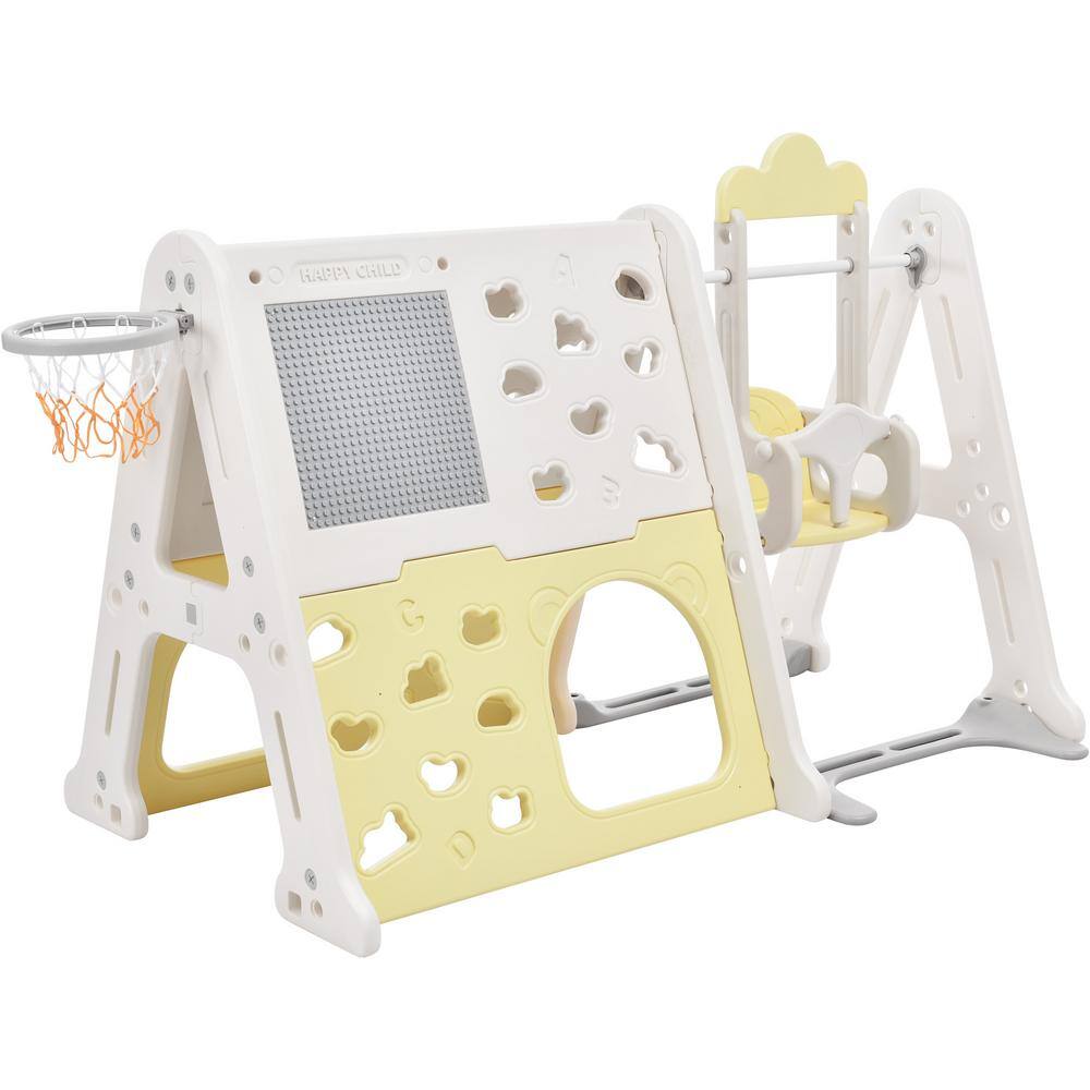 6-in-1 Light Green HDPE Playset with Tunnel Climber Whiteboard Toy Building Block Baseplates Basketball Hoop LN20232357