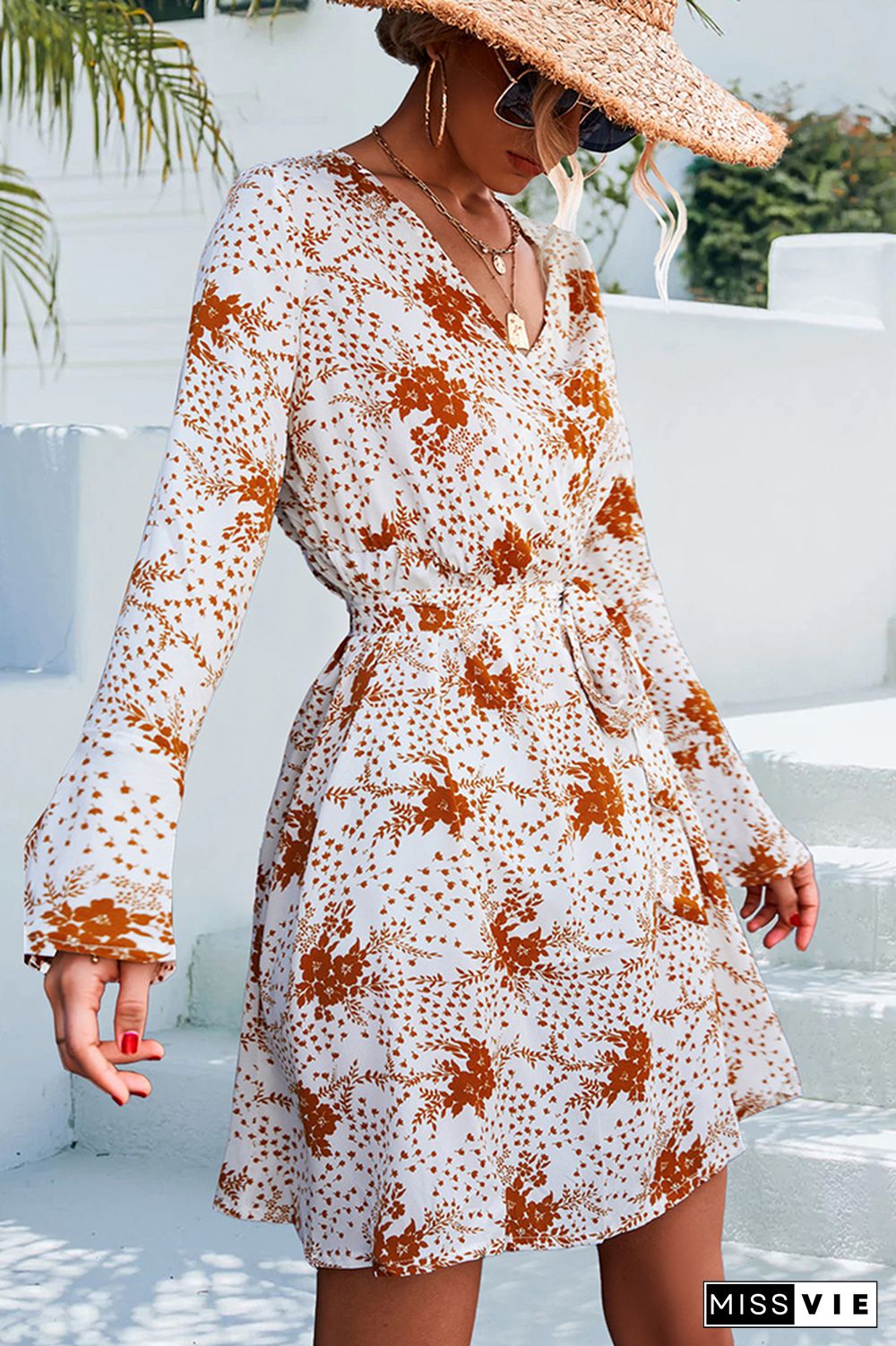 V Neck Wrap Flare Sleeves Floral Print Dress