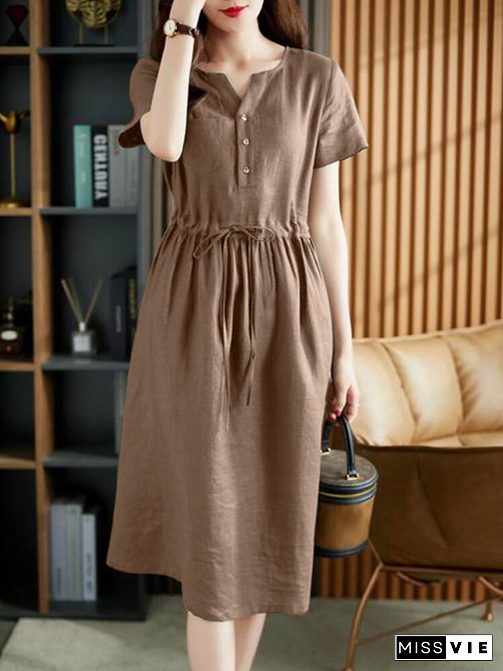 Solid Pocket Drawstring Waist Button Short Sleeve Dress