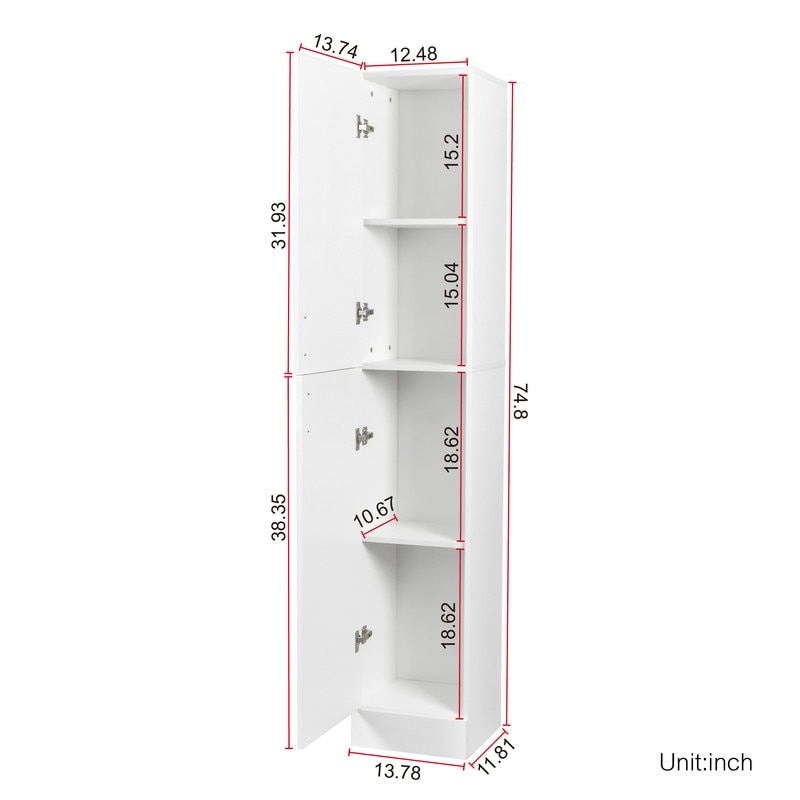 Tall Storage Cabinet with 2 Doors and 4 Adjustable Shelves  Freestanding Narrow Storage Cabinet  Pantry Cabinet  Bookshelf